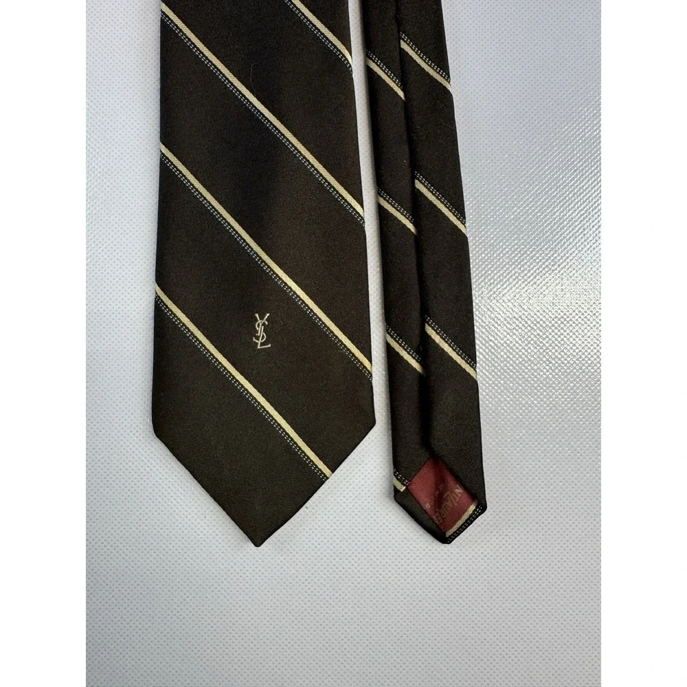 Yves Saint Laurent Monsieur Silk Tie Brown Tan Striped YSL Vintage Old Money - Picture 1 of 5